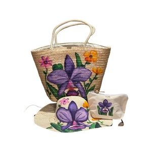 Floral Hand Painted Beach Bag with Matching Hat & Makeup Bag !